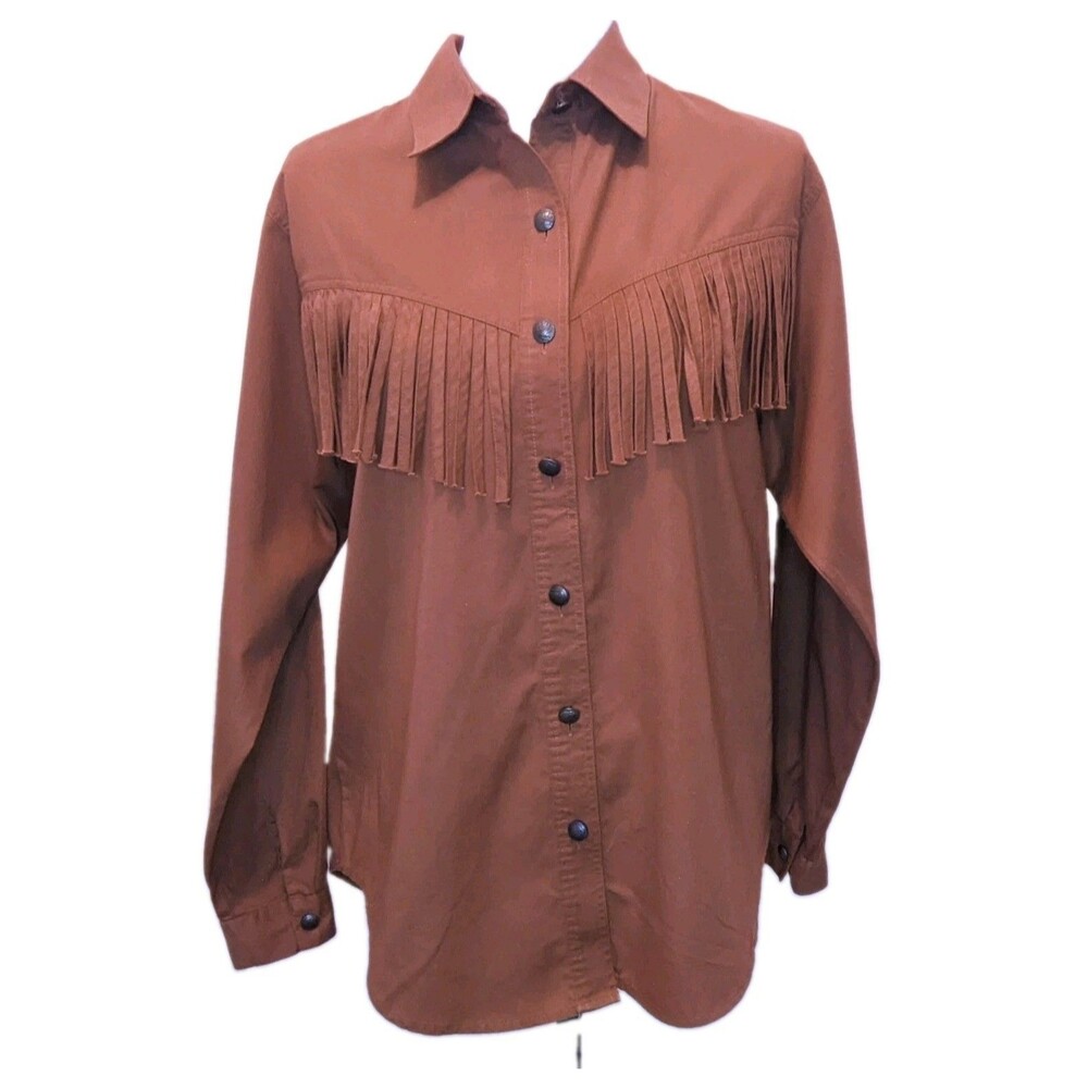 VTG Bechamel Western Women Fringe Brown Button Shirt Cowgirl Rodeo Size S